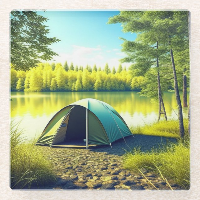 Tent in a Beautiful Forest by a Lake Glass Coaster (Front)