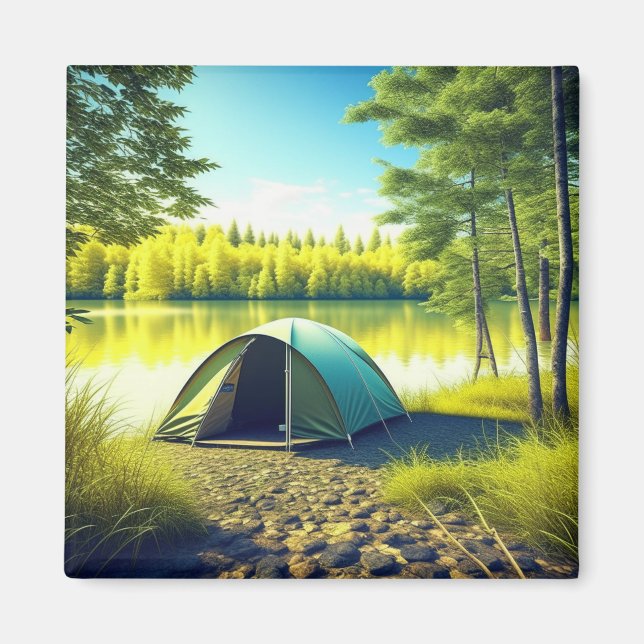 Tent in a Beautiful Forest by a Lake Magnet (Front)