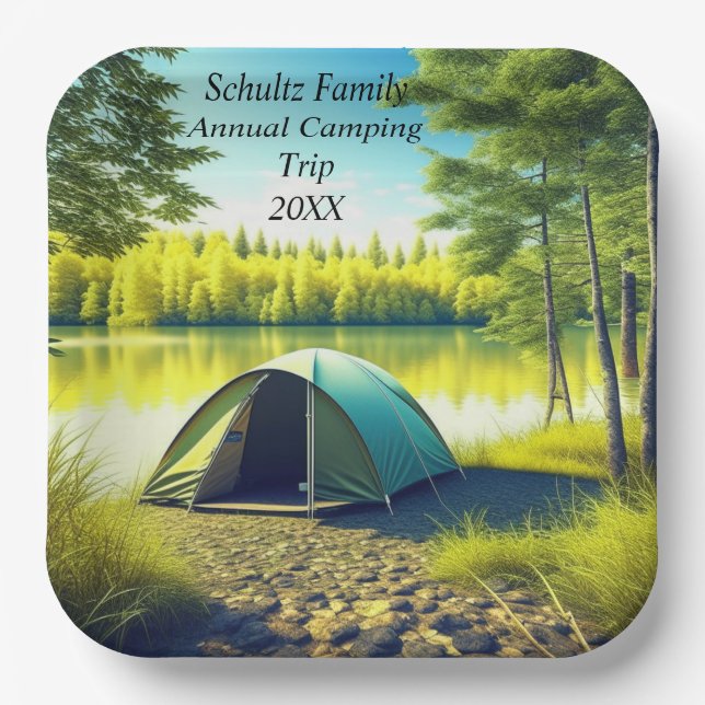 Tent in a Beautiful Forest by a Lake Paper Plate (Front)