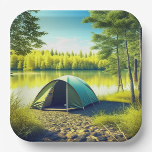 Tent in a Beautiful Forest by a Lake Paper Plate
