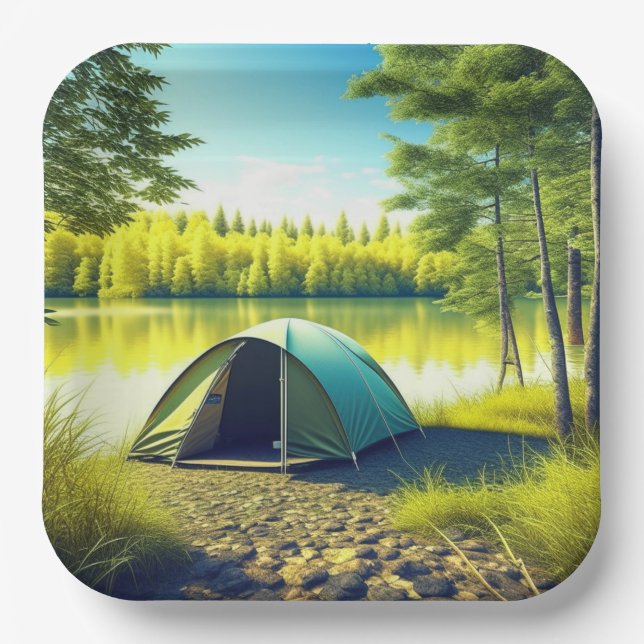 Tent in a Beautiful Forest by a Lake Paper Plate (Front)
