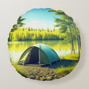 Tent in a Beautiful Forest by a Lake Round Pillow