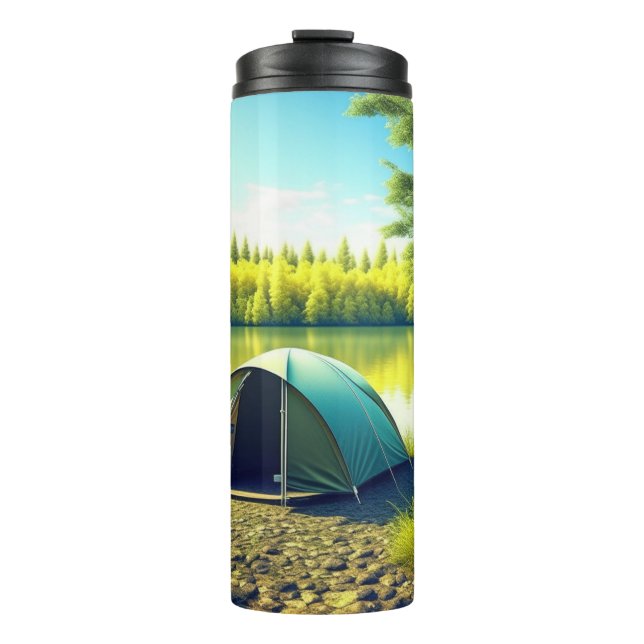 Tent in a Beautiful Forest by a Lake Thermal Tumbler (Front)