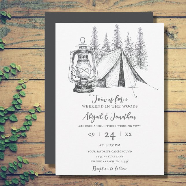 Tent, Lantern and Woodland Sketch Camping Wedding Invitation (Tent, Lantern and Woodland Sketch Camping Wedding Invitation)