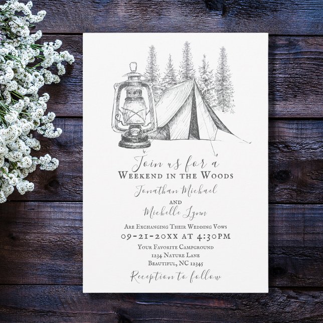 Tent, Lantern and Woodland Sketch Camping Wedding Invitation (Creator Uploaded)