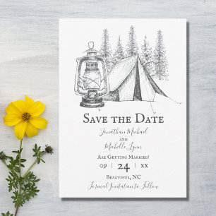 Tent, Lantern and Woodland Sketch Camping Wedding Save The Date