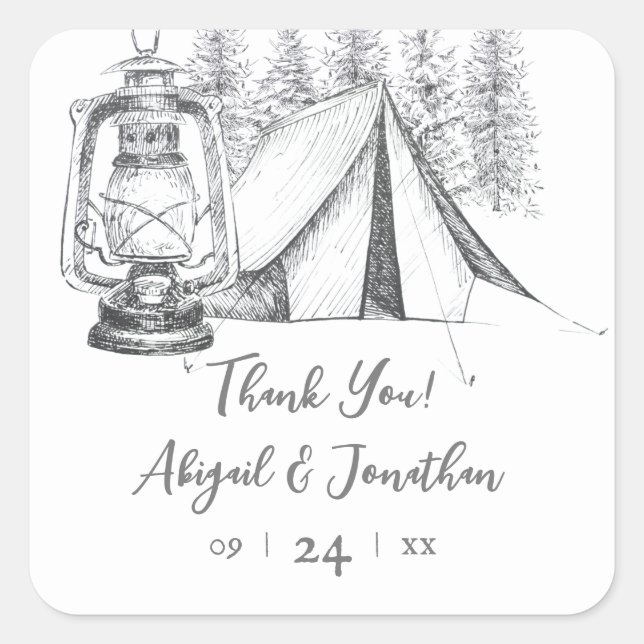 Tent, Lantern and Woodland Sketch Camping Wedding Square Sticker (Front)