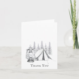 Tent, Lantern and Woodland Sketch Camping Wedding Thank You Card