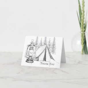 Tent, Lantern and Woodland Sketch Camping Wedding Thank You Card