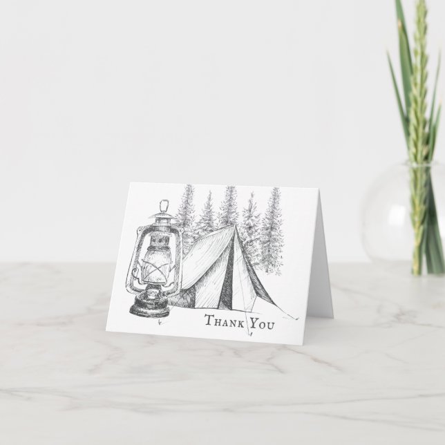 Tent, Lantern and Woodland Sketch Camping Wedding Thank You Card (Front)