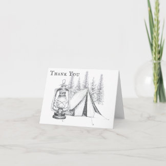 Tent, Lantern and Woodland Sketch Camping Wedding Thank You Card