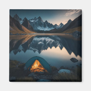 Tent, Mountains and Lake Camping Themed Art Magnet