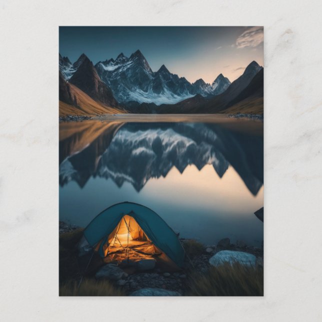 Tent, Mountains and Lake Camping Themed Art Postcard (Front)