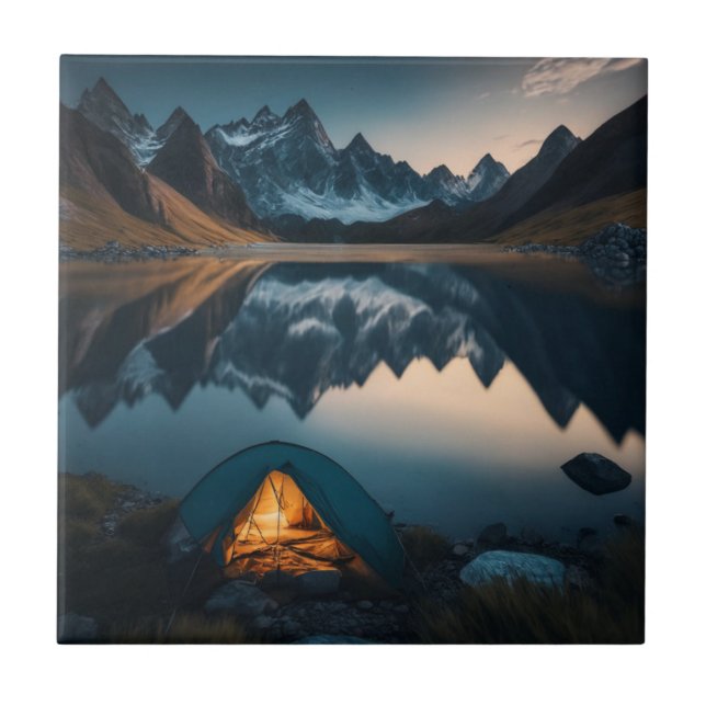 Tent, Mountains and Lake Camping Themed Art Tile (Front)