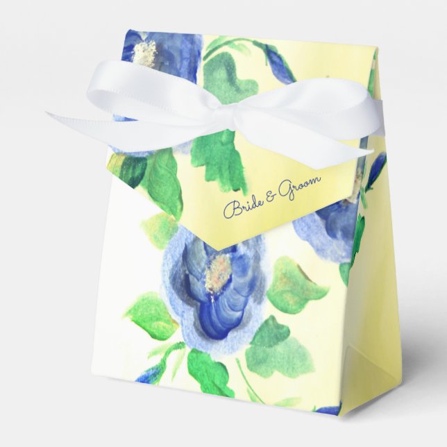 Tent Style Blue Watercolour Rose Wedding Favor Box (Front Side)