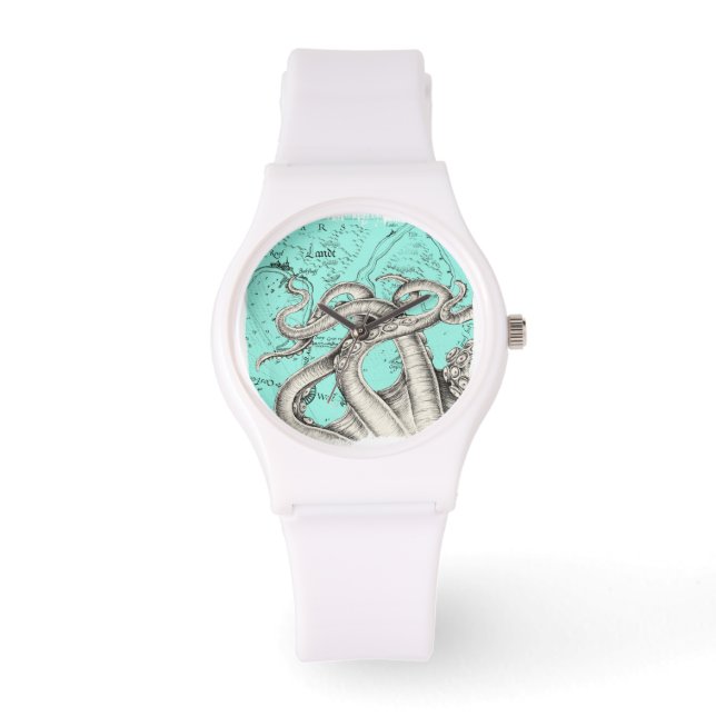 Tentacles Octopus Teal Vintage Map Ink Watch (Front)