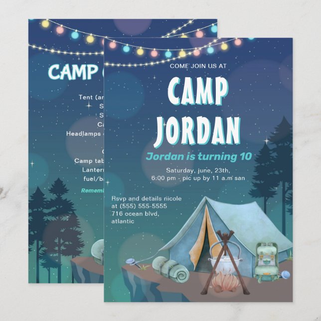 Tente de camping Bonfire Boy Invitation Anniversai (Devant / Derrière)