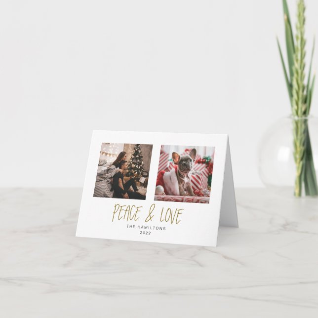 Tented Peace & Love Minimalist gold Holiday Card (Front)