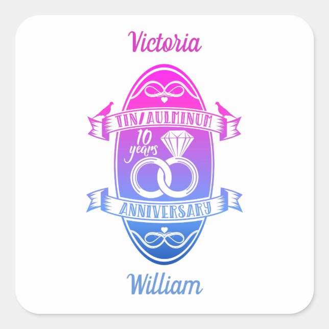 Tenth 10th wedding anniversary TIN ALUMINUM Square Sticker (Front)
