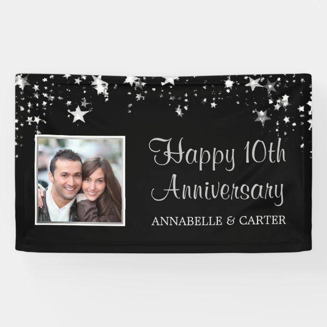 Tenth Anniversary Modern Silver Stars Photo Black Banner (Horizontal)