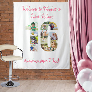 Tenture 16e anniversaire fête photo Collage rose fond