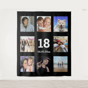 Tenture 18e anniversaire photo personnalisée collage noir 