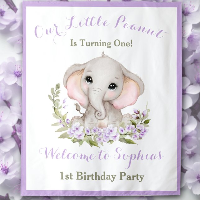 Tenture 1er anniversaire fille éléphant Affiche de bienven (1st Birthday Girl Elephant Welcome Sign Tapestry)