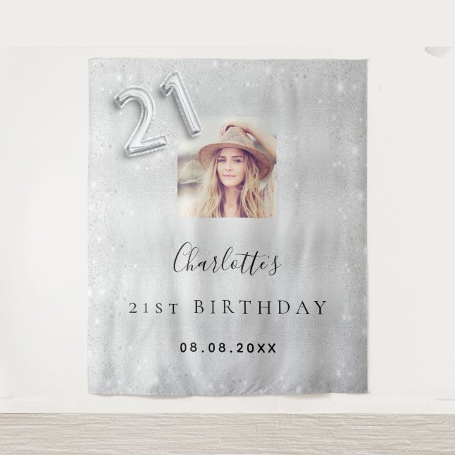 Tenture 21e anniversaire argent photo parties scintillant  (Devant)