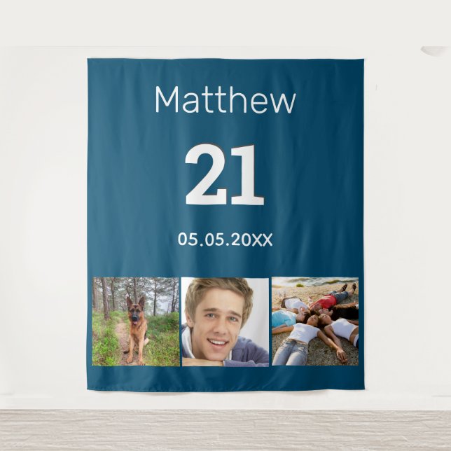 Tenture 21e anniversaire bleu photo monogramme mec (Devant)