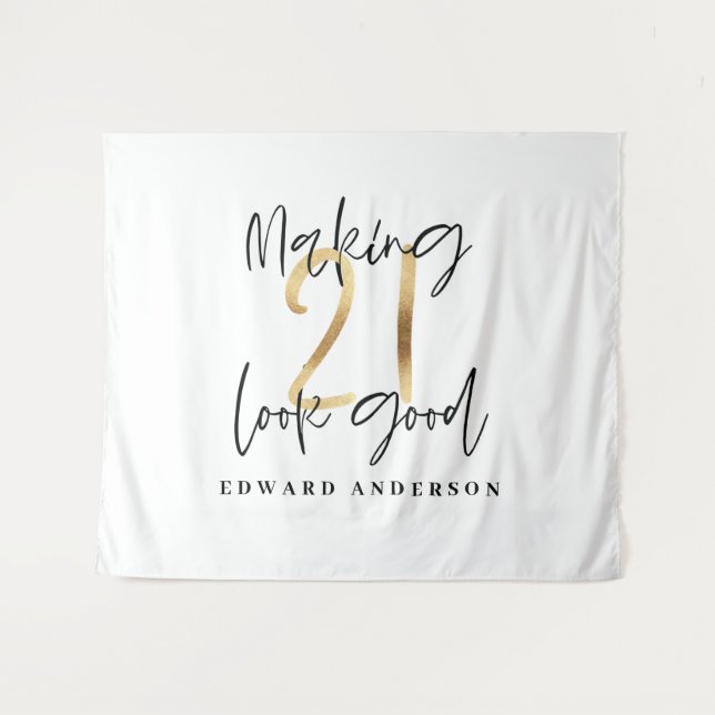 Tenture 21e anniversaire moderne noir et or élégant (Devant (Horizontal))