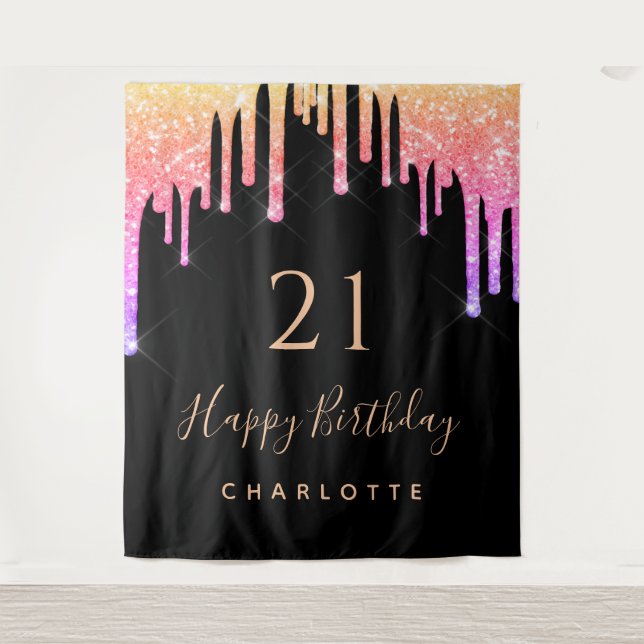 Tenture 21e anniversaire noir arc-en-ciel parties scintill (Devant)