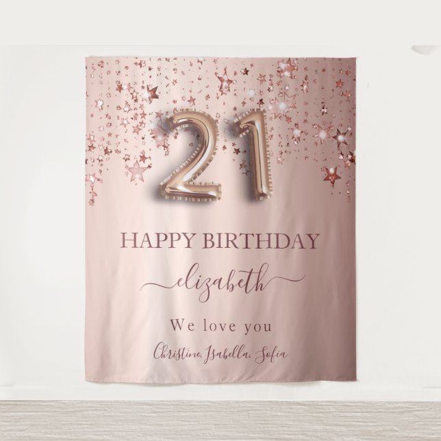 Tenture 21e anniversaire rose or blush étoiles amis (Devant)