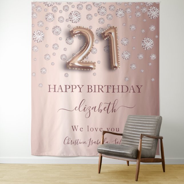 Tenture 21e anniversaire rose or diamants blush amis (En situation)