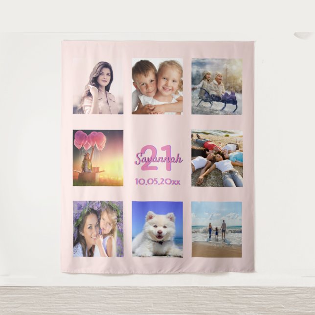 Tenture 21e anniversaire rose or rose collage photo (Devant)