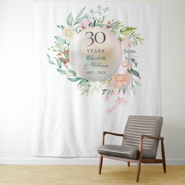 Tenture 30e anniversaire Floral Pearl Photo Booth fond (En situation)