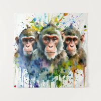 3 singes colorés aquarelle Art