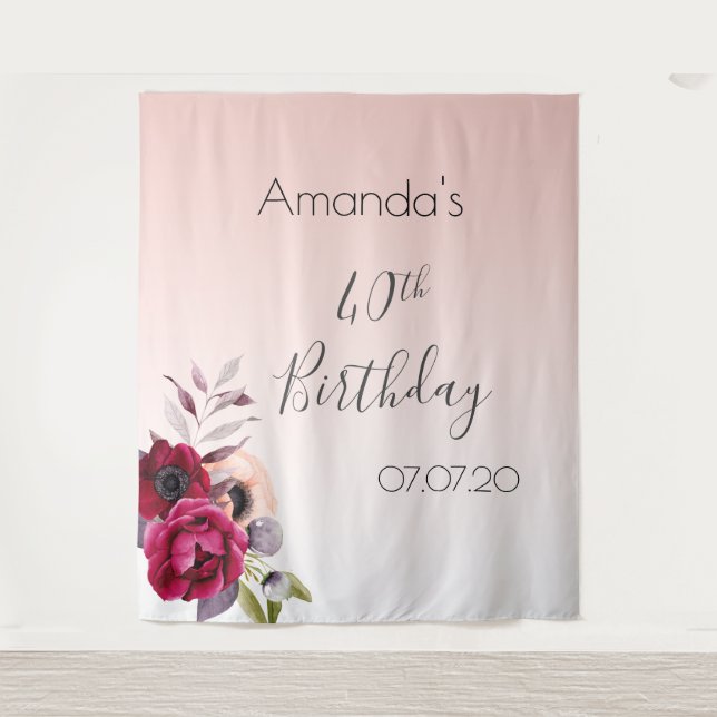 Tenture 40e anniversaire rose or rose floral (Devant)