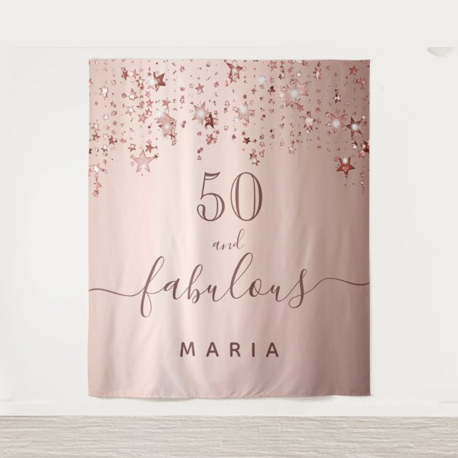 Tenture 50 étoiles de fête d'anniversaire rose gold paille (Devant)