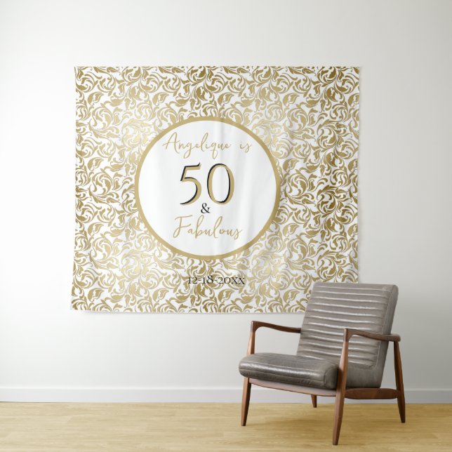 Tenture 50 & Fab 50e fête d'anniversaire Gold Floral Swirl (En situation (horizontale))