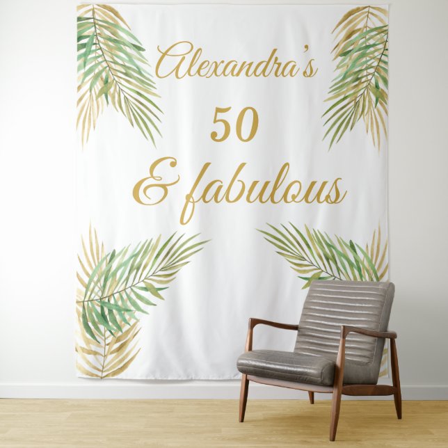 Tenture 50 fabuleux anniversaire or Palmiers verts Blanc (En situation)