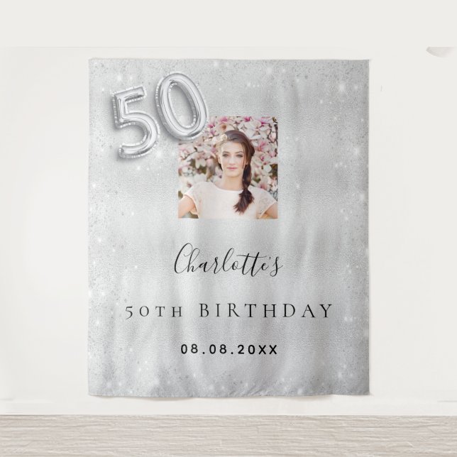 Tenture 50e anniversaire argent photo parties scintillant  (Devant)