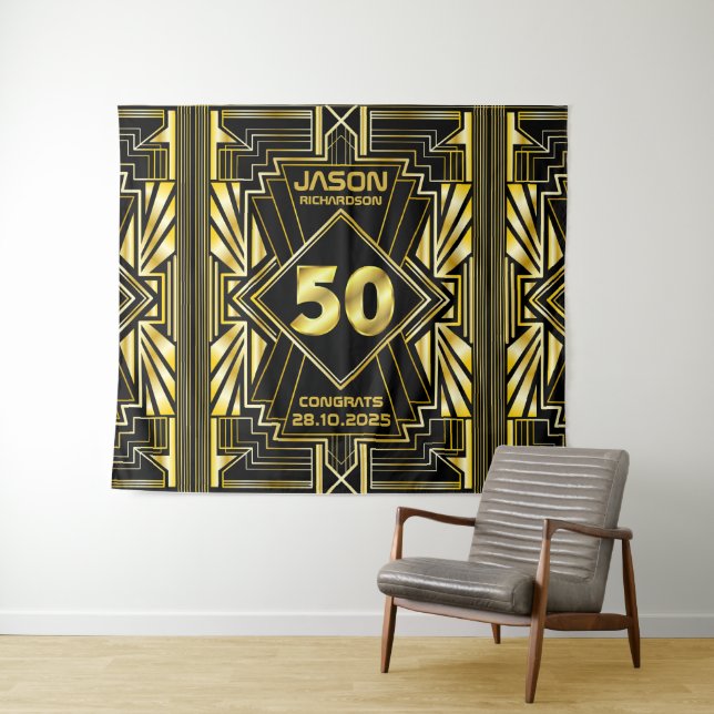 Tenture 50e Anniversaire Art Déco Or Noir Gatsby le Magnif (En situation (horizontale))