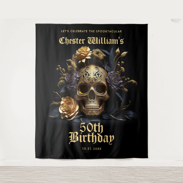 TENTURE 50E ANNIVERSAIRE OR SKULL ROSE HALLOWEEN SIGNE DU  (Devant)