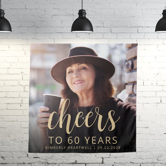 Tenture 60e anniversaire de fête Photo Gold Script Cheers (Créateur téléchargé)