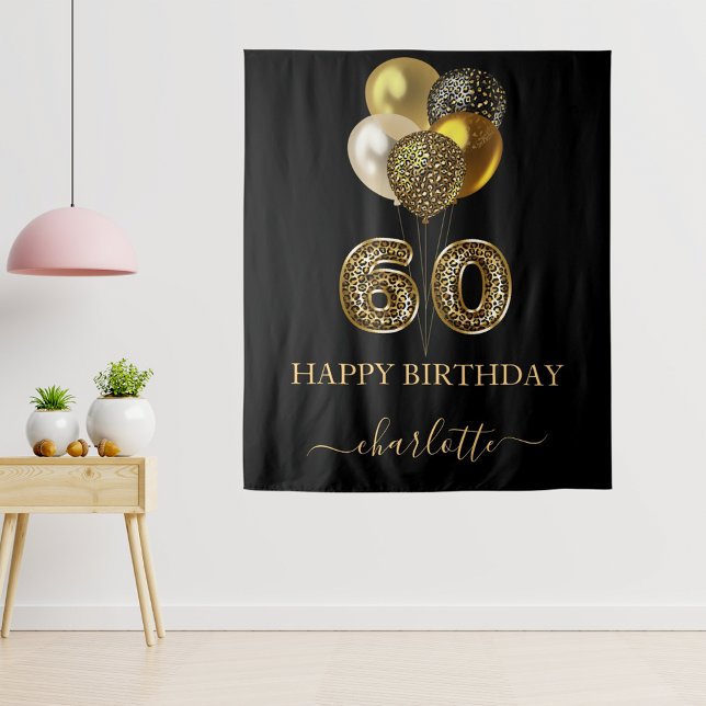 Tenture 60e anniversaire noir or léopard nom script (Créateur téléchargé)