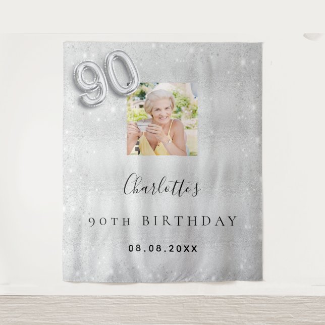 Tenture 90e anniversaire argent photo parties scintillant  (Devant)