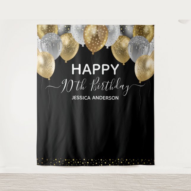 Tenture 90e anniversaire Gold Silver Black Balloons Tapest (Devant)