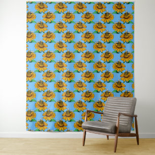 Tenture Abeille sur motif de fleur de tournesol bleu desig