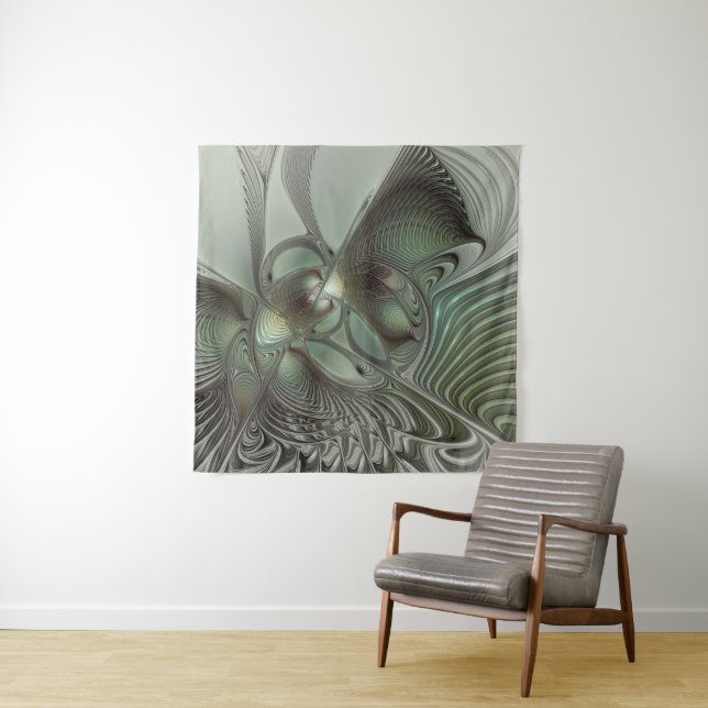 Tenture Abstrait Olive Sage Green Grey Fractal Art Imagina (En situation)