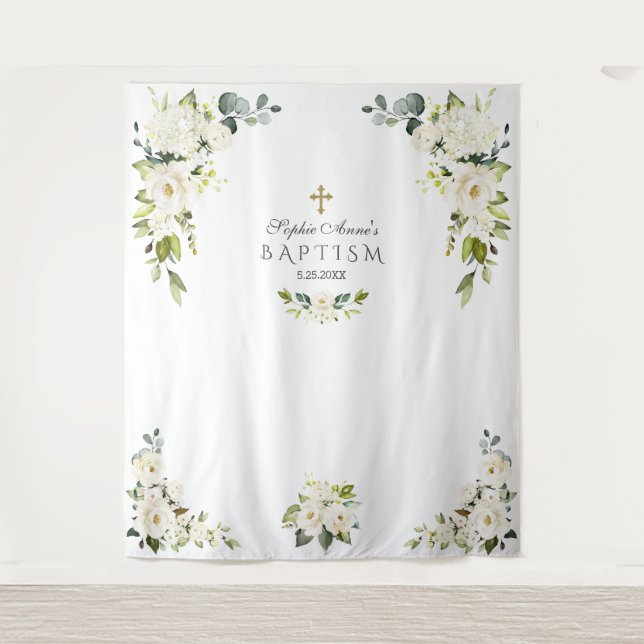 Tenture Accessoire de photomaton de baptême floral blanc d (Devant)